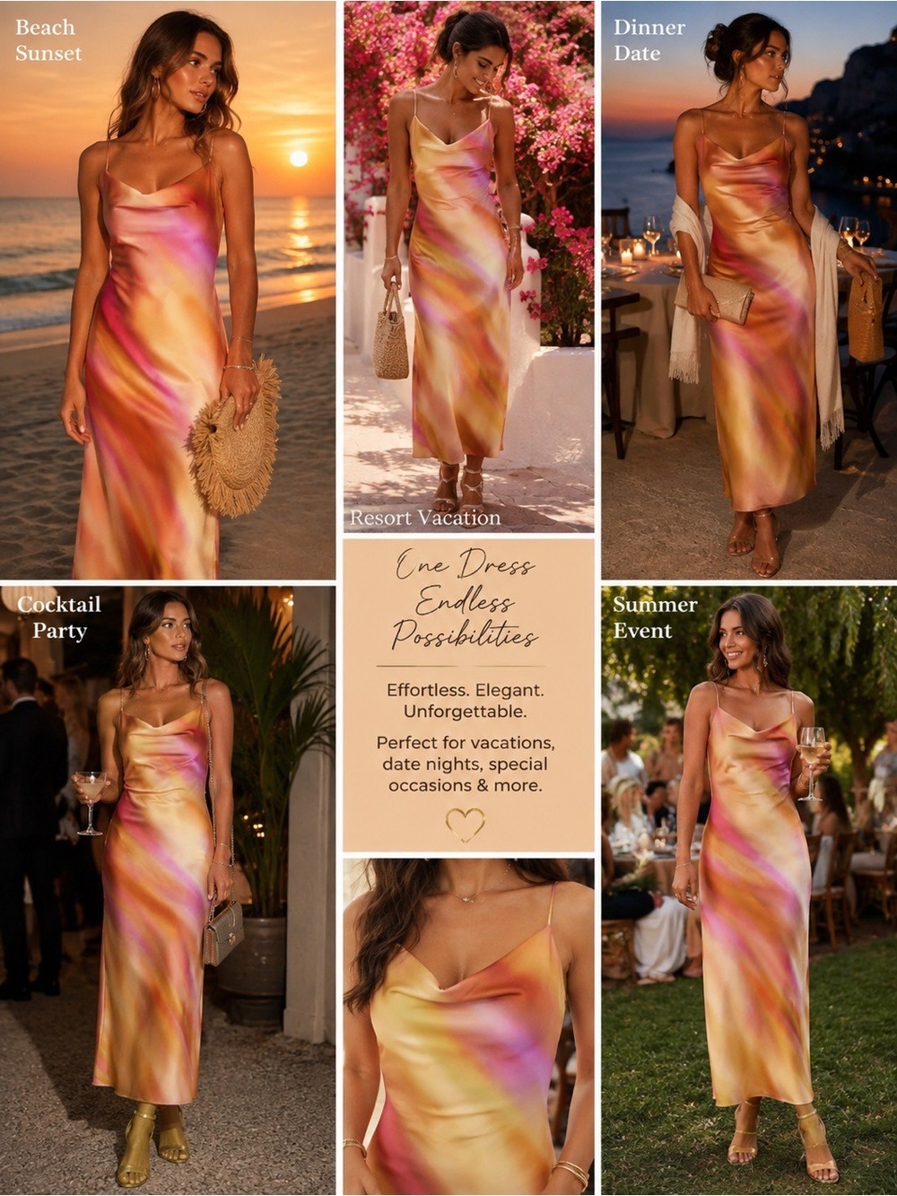 Dynamite Multicolor Sunset Satin Cowl Neck Maxi Slip Dress Open Back Resort Sz L